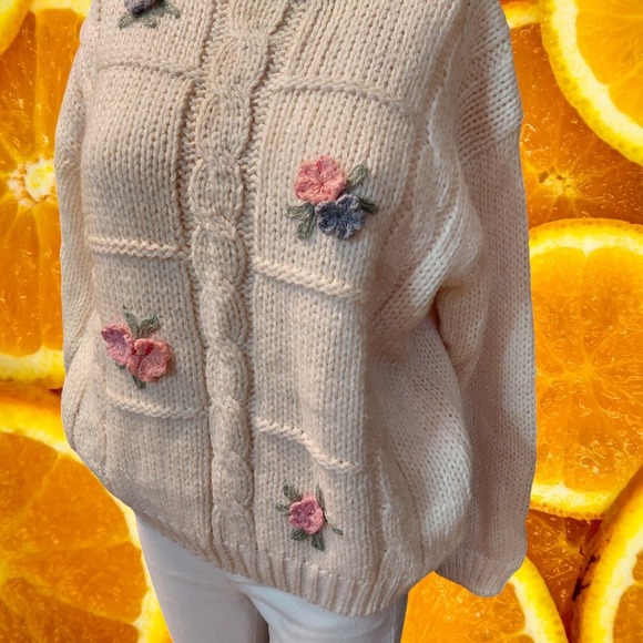 Cream Cable Knit Floral Embroidered Sweater - Picture 6 of 6